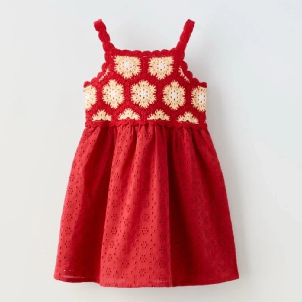 Zara Red Yellow and White Crochet and Eyelet Kids Dress. Size 1.5 Years